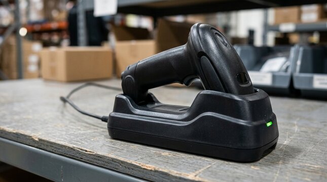 Close-up of barcode scanner resting in charging dock