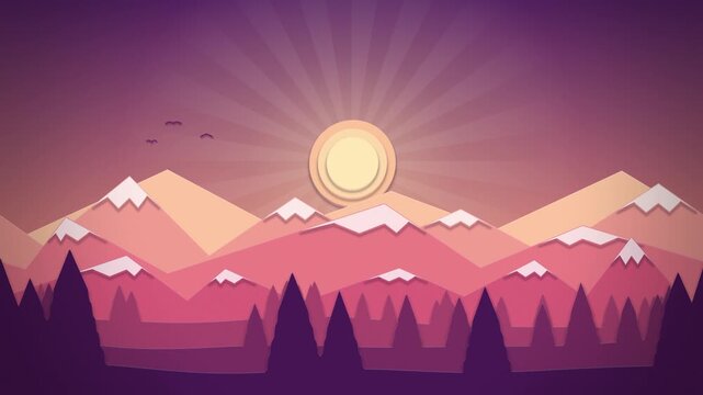 Coral paper cut mountains with sun rays 3D depth seamless loop