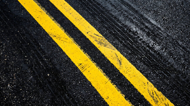 Vibrant yellow double lines marking a dark asphalt road with subtle tire marks, a detailed view of street regulations