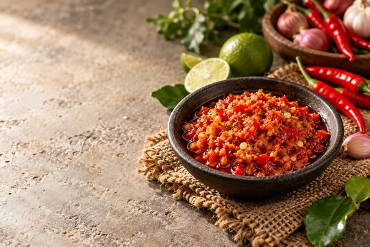 Authentic Indonesian sambal ulek spicy red chili paste in stone bowl with ingredients on table