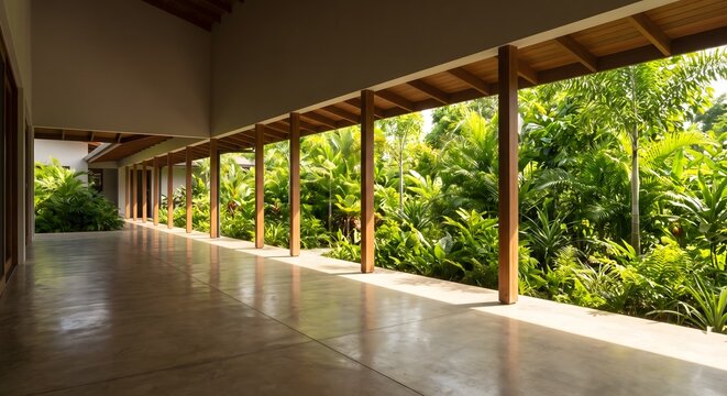 Photograph of a long open sided veranda in a contemporary tropical house, a row of slender square timber columns receding in perspective along the right with a deep overhanging roof above.