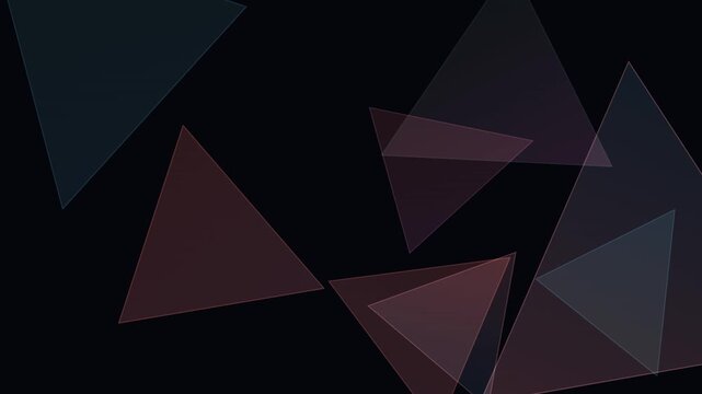 Abstract semitransparent triangles overlap in a dark background creating a seamless looping animation