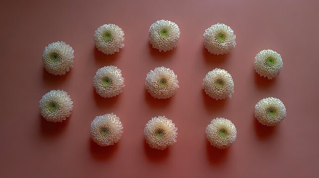 Spring fresh white chrysanthemum flowers on pastel pink background, flat lay overhead of thirteen blooms with delicate white petals and light green centers, 