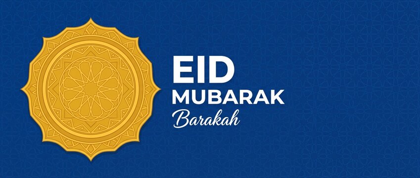 Eid Mubarak Islamic banner background with gold mandala ornament and elegant blue arabesque pattern for Ramadan decoration, Eid al-Fitr celebration, and traditional Muslim holiday greeting cards.