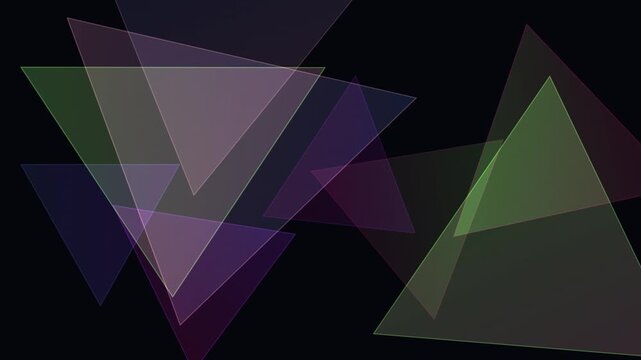 Translucent overlapping geometric triangle shapes drift in a dark abstract looping background