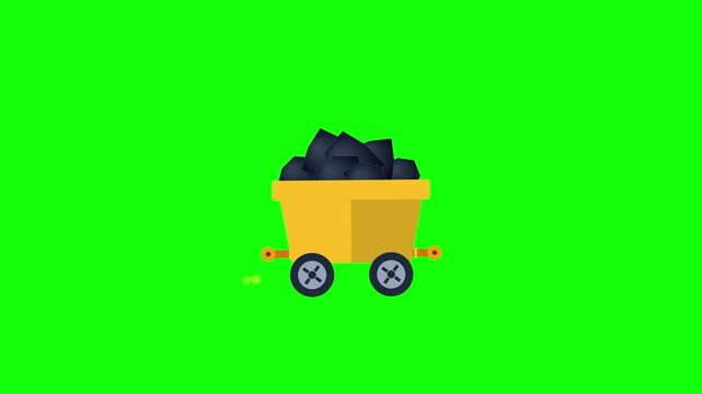 Dark coal lumps fill a yellow mining cart as it travels horizontally across a vibrant green screen.