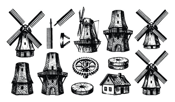 Windmills and grinding stones set
