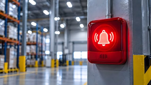 Red fire alarm bell mounted on metal pillar in modern industrial warehouse, representing factory safety and emergency evacuation system