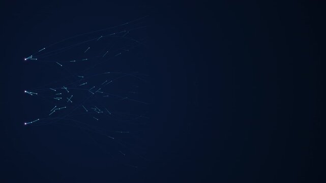 Seamless 4K looping animation of three data sources with dynamically waving and crossing tree branches connecting to a vast neural network dot matrix. Futuristic deep learning technology concept on a