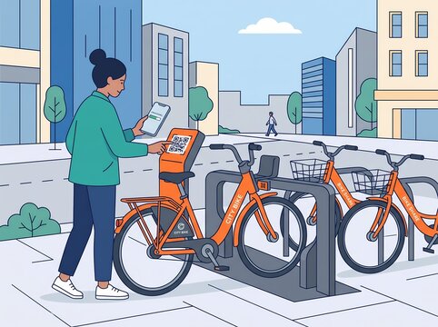 Woman unlocking sharing bicycle with smartphone application in city street vector illustration.