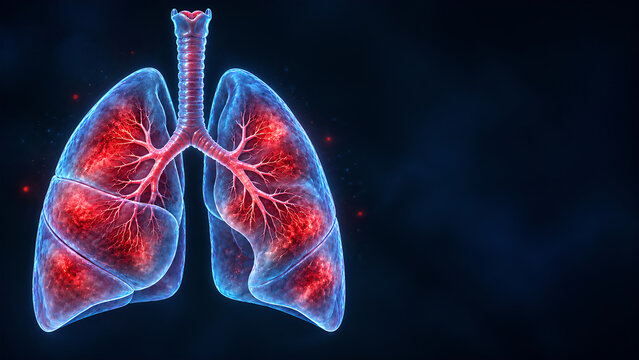 Pneumonic plague lungs and Yersinia pestis bacteria in translucent 3D medical illustrations with red inflammation highlights on dark blue backgrounds for public health posters and patient education