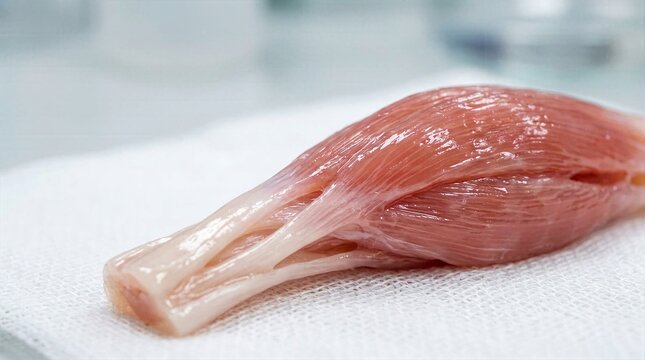 Bioengineered anatomical skeletal muscle bundle showing white tendon insertion junction