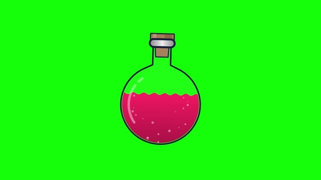 Stylized round glass flask filled with red bubbly liquid and a cork stopper is presented against a bright green screen background.