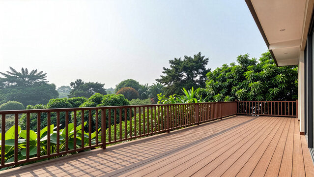 緑豊かな景色を見渡す開放的で広いウッドデッキのベランダ｜Spacious Wooden Deck Balcony Overlooking Lush Green Scenery