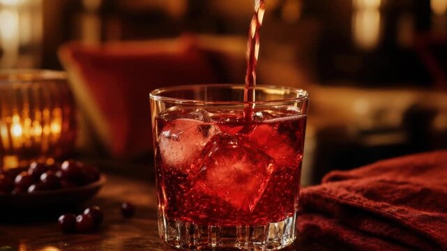 Refreshing red cranberry cocktail with ice served in a glass on rustic wooden table with warm lighting