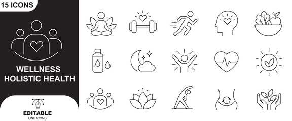 Fototapeta premium Wellness holistic health icon set, linear style icons for healthy lifestyle, alternative medicine, yoga, meditation, spa, and selfcare