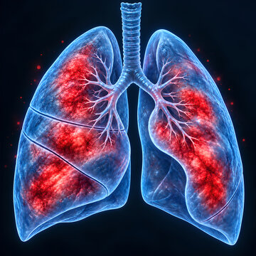 Pneumonic plague lungs and Yersinia pestis bacteria in translucent 3D medical illustrations with red inflammation highlights on dark blue backgrounds for public health posters and patient education