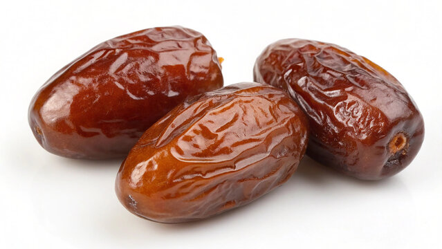 Three whole organic dried date fruits isolated on white background with middle eastern, tropical