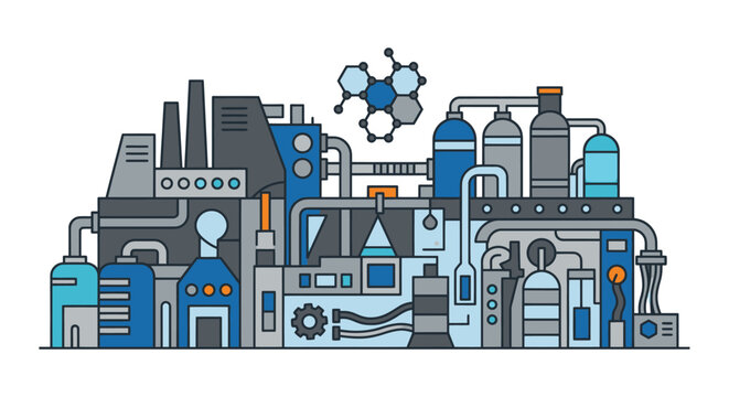 Dynamic Industrial Chemical Plant Featuring Blue and Gray Pipes Tanks Machinery and Molecular Structure