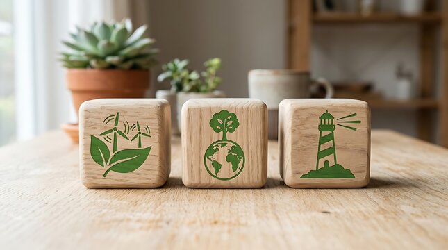 Wooden blocks with green energy symbols