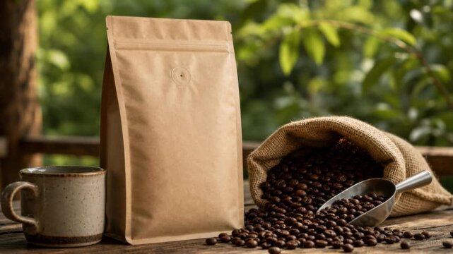 Fresh roasted coffee beans with natural packaging and ceramic cup on wooden table in outdoor setting
