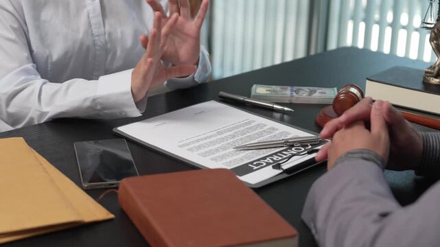 Female Client Submitting Case Files and Envelopes to Attorney During Legal Consultation in Law Firm