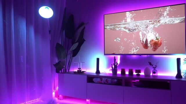 Modern Home Cinema Living Room with Smart RGB LED Backlight Behind TV and Interior Design at Night