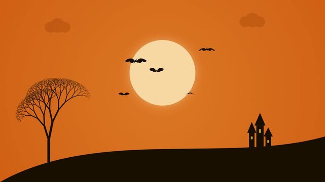 Silhouetted bats fly across a glowing full moon over a haunted castle and bare tree against an orange sky.