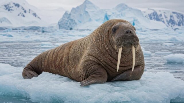 Walrus resting on ice floe in Arctic ocean with snowy mountains in the background wildlife animal close up