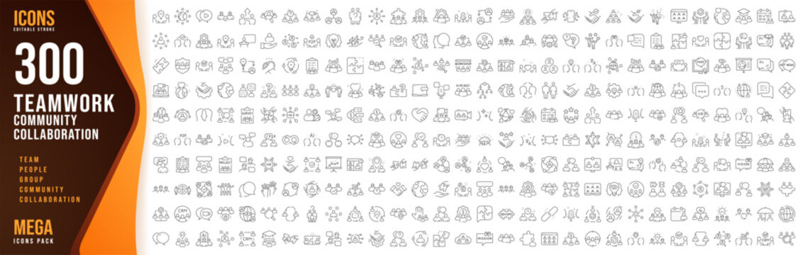 300 Teamwork, Community, Collaboration Line Icons Set, Editable Vector Collection