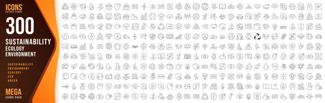 300 Sustainability, Ecology, Environment Line Icons Set, Editable Vector Collection
