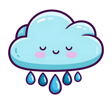 Cute Smiling Rain Cloud with Blue Raindrops Kawaii Weather Icon Isolated on Transparent Background