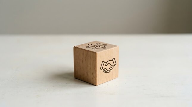 Wooden block with handshake icon symbol