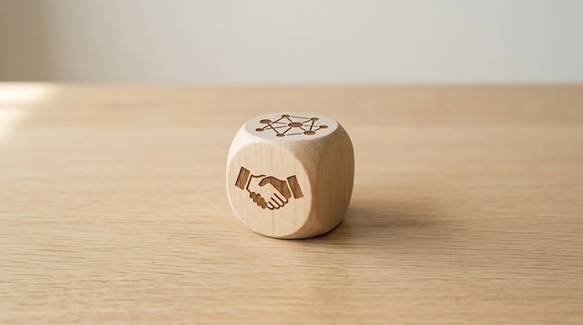 Wooden dice with handshake and network icon