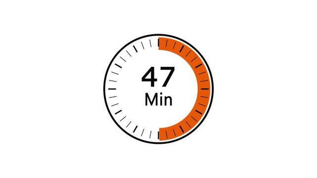 47 Minute Circular Countdown Timer Animation on White Background, Stop watch icon concept 4k animation