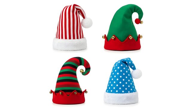 Collection of colorful elf hats isolated on a white background for festive occasions
