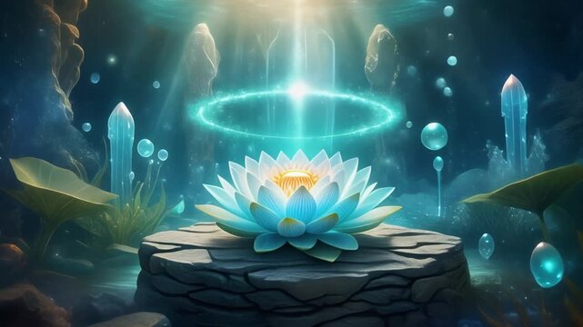水中の聖なる庭園で光る植物が揺れる横型動画