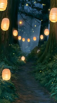 Enchanted forest path with glowing paper lanterns and fireflies