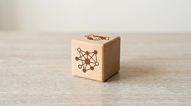 Wooden cube with business network symbol