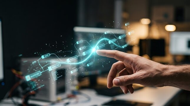Hand interacting with futuristic blockchain network data stream and digital cryptocurrency connectivity concept