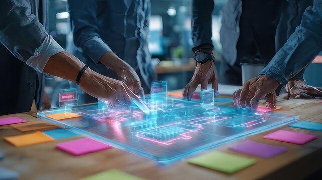 Futuristic tech team analyzing holographic interface, diverse business engineers collaborating on interactive glowing dashboard in modern lab workspace