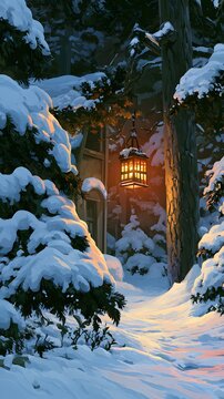 Snow covered forest path with glowing lantern and cottage door