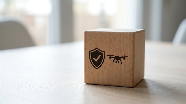 Wooden block with drone and shield icon