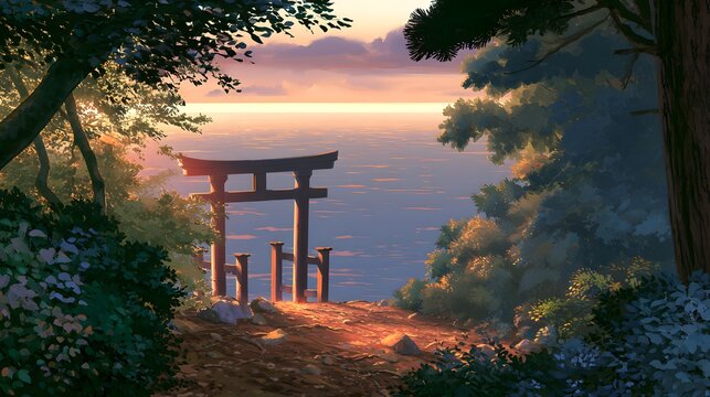 Ancient torii gate on a cliff overlooking the ocean at sunset