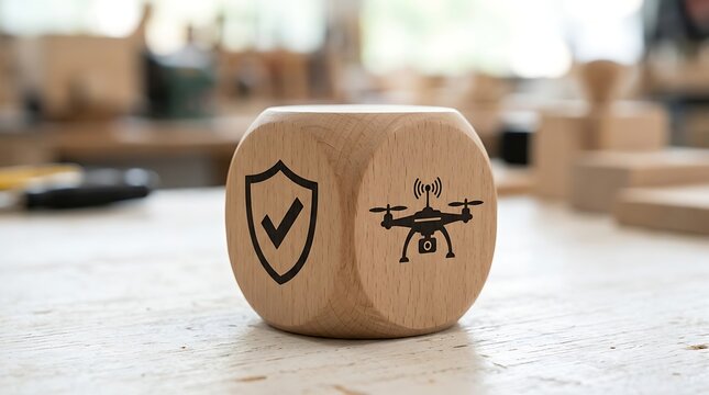 Wooden dice with drone and shield icon