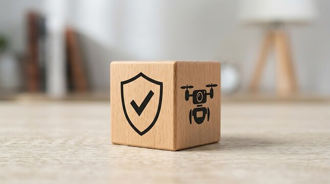 Wooden cube with drone and shield icon