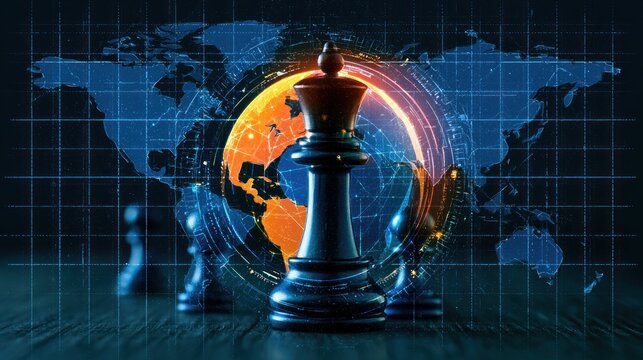A chess piece, specifically a black queen, stands prominently in the foreground against a dark, grid-like background, with a glowing, circular light emanating from its top