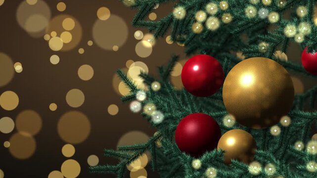 Sparkling Christmas tree with blinking string lights and red and gold baubles, slow zoom out with copy space