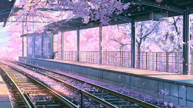 Anime style train station platform with pink cherry blossom trees