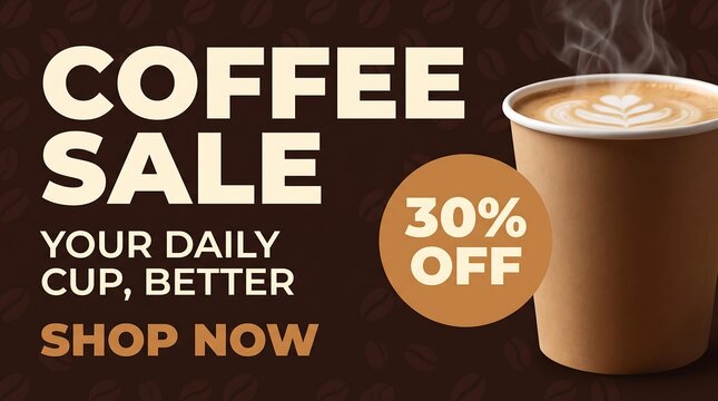 Coffee sale promotion featuring discount cup with 30 percent off text